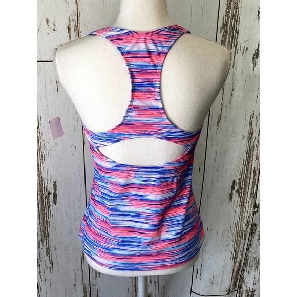 ZELOS Swim Zelos Neon Pink Blue And Teal Stripe Razorback Tankini